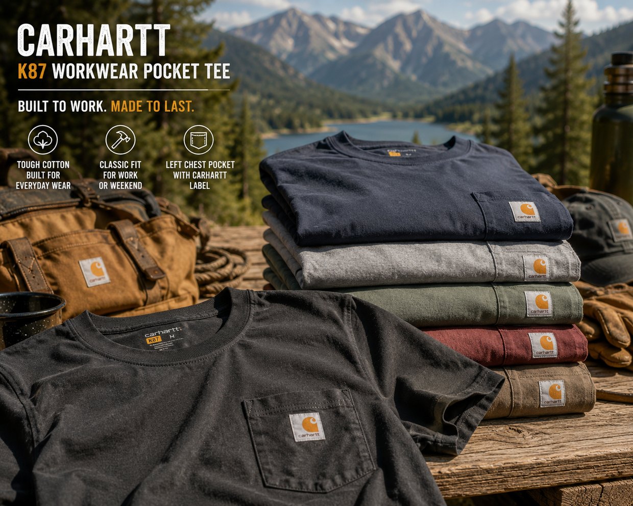 Carhartt K87 workwear pocket tees folded in a stack by a mountain lake