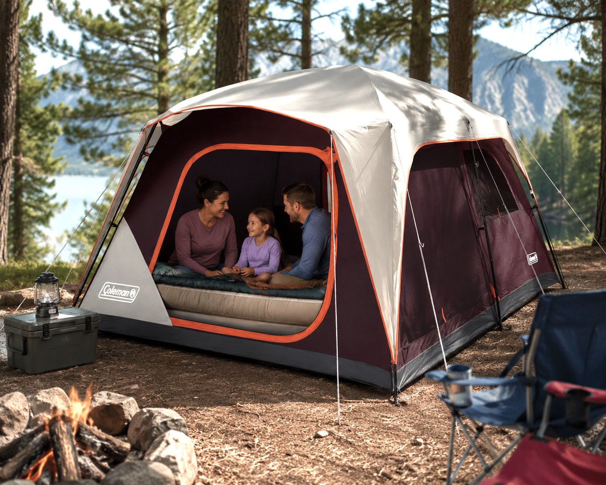 Coleman Skylodge tent set up at a campsite by the lake